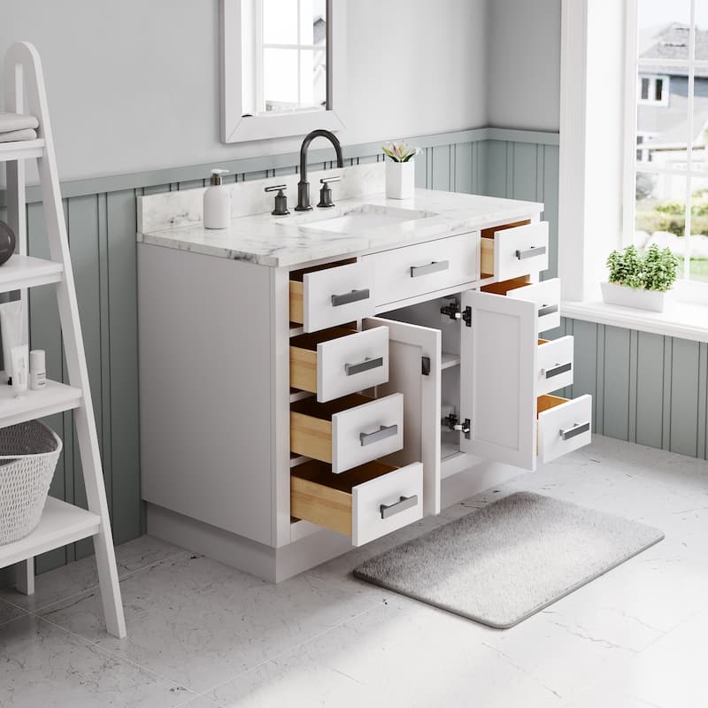Hartford Marble Countertop Bath Vanity in White with Mirror