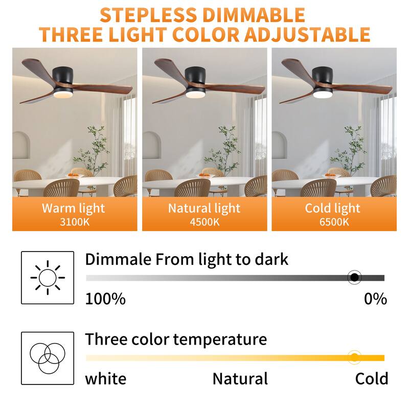 52"Solid Wood Ceiling Fan with Light Optional, 6-Speed Reversible DC Motor and Remote control,Smart Optional