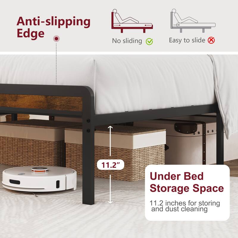 Metal Platform Bed Frame with Adjustable Upholstered Headboard, Charging Station, LED Lights, Noiseless