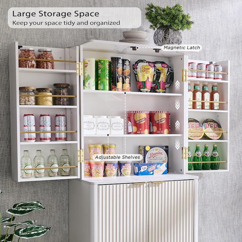 Fluted Pantry Storage Cabinet, Spacious Dual-Zone Wood Organizer