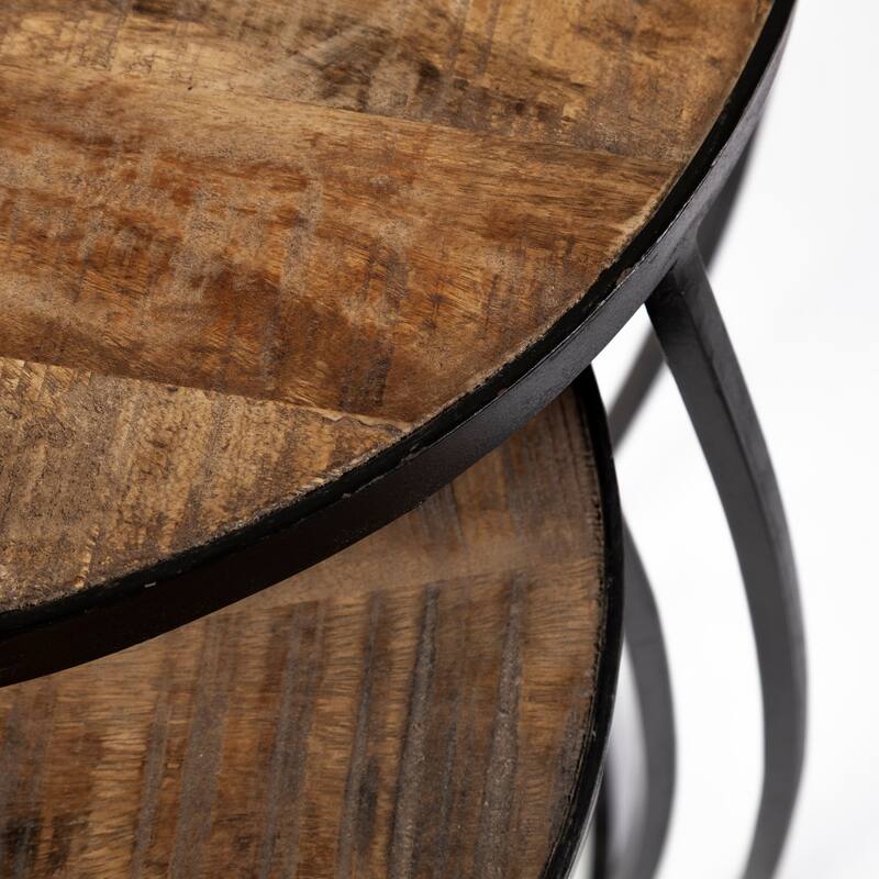 Clapp IV Medium Brown Solid Wood w/ Black Iron Frame Nesting Accent Tables - 20"L x 20"W x 26"H