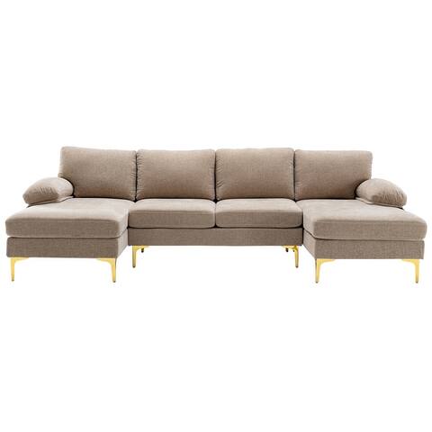 U_style Sleeper Sofa Living Room Furniture Chenille Fabric Sectional Sofa with Pillow Top Arms Chaise with Iron Feet Support