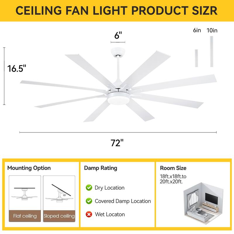 72" Ceiling Fan Light, 6-Speed, LED, APP Control, Dimmable, Timer, for Large Room,Patio,Living Room,Garage,Warehouse