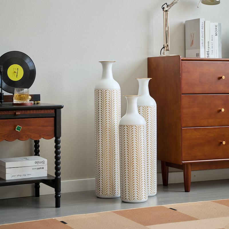 Floor Metal Vase Modern Style White Metal Vase 3-Piece Set Gorgeous Home Decoration Large Glazed Metal Vase