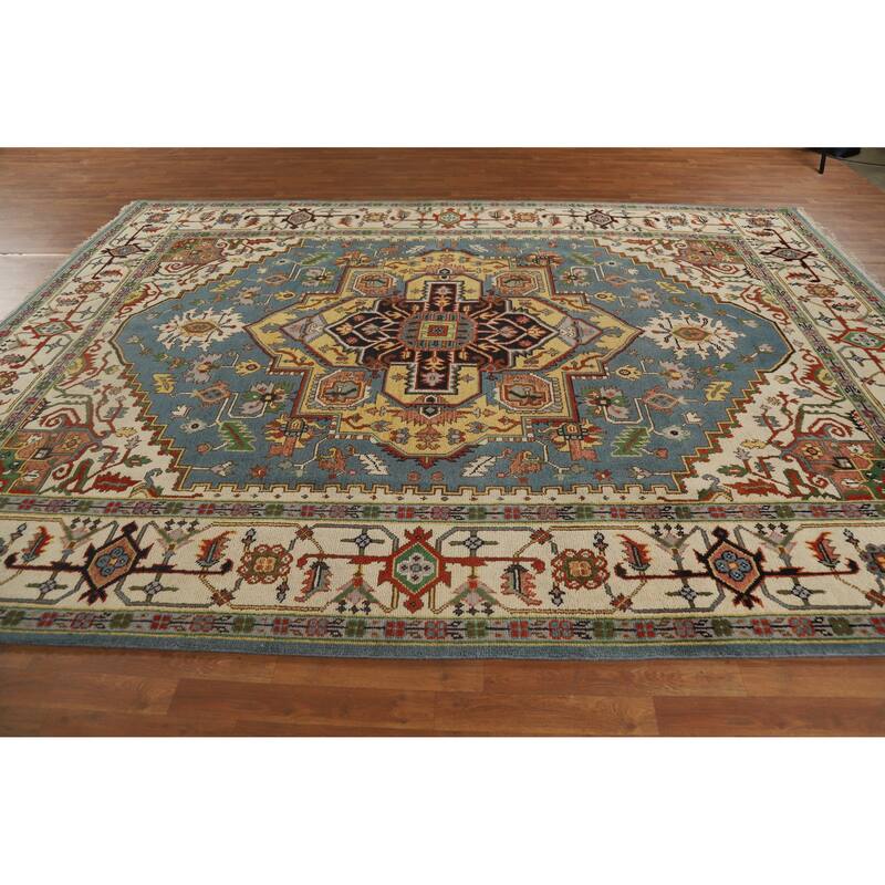 Hand Knotted Oriental 100% Wool Carpet Traditional Medallion Navy Blue & Blues Heriz (serapi) Area Rug - 11' 10'' X 8' 9''