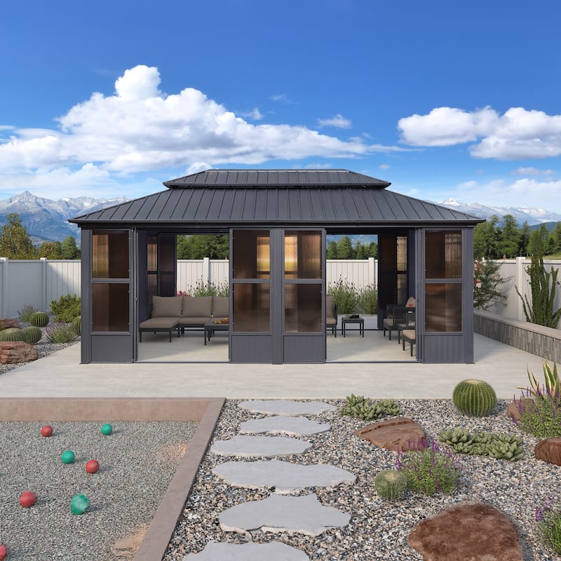 PURPLE LEAF Double Top Outdoor Sunroom Screen House Patio Hardtop Gazebo - 12' x 20' - Grey