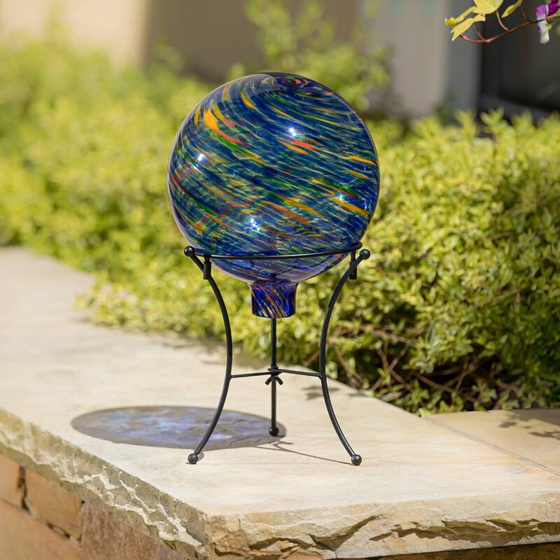 10" Art Glass Aqua Confetti Gazing Ball with Stand