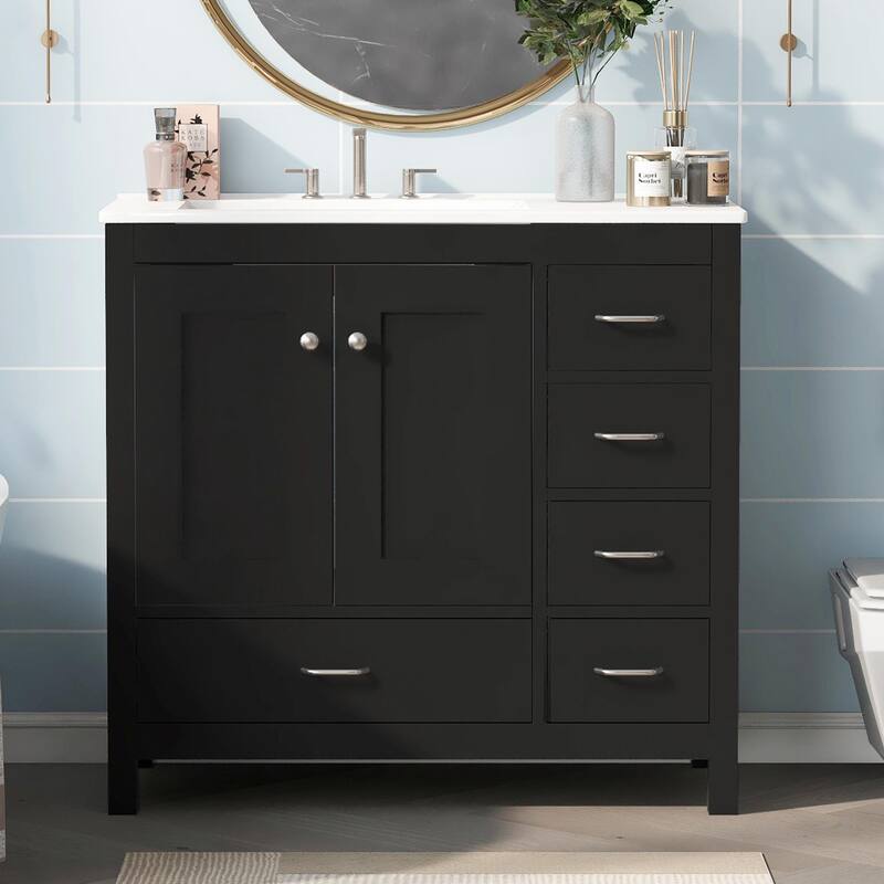 36" White Bathroom Vanity with Ceramic Sink Combo, Ample Storage Cabinet - 2 Soft-Close Doors and 5 Drawers - Black