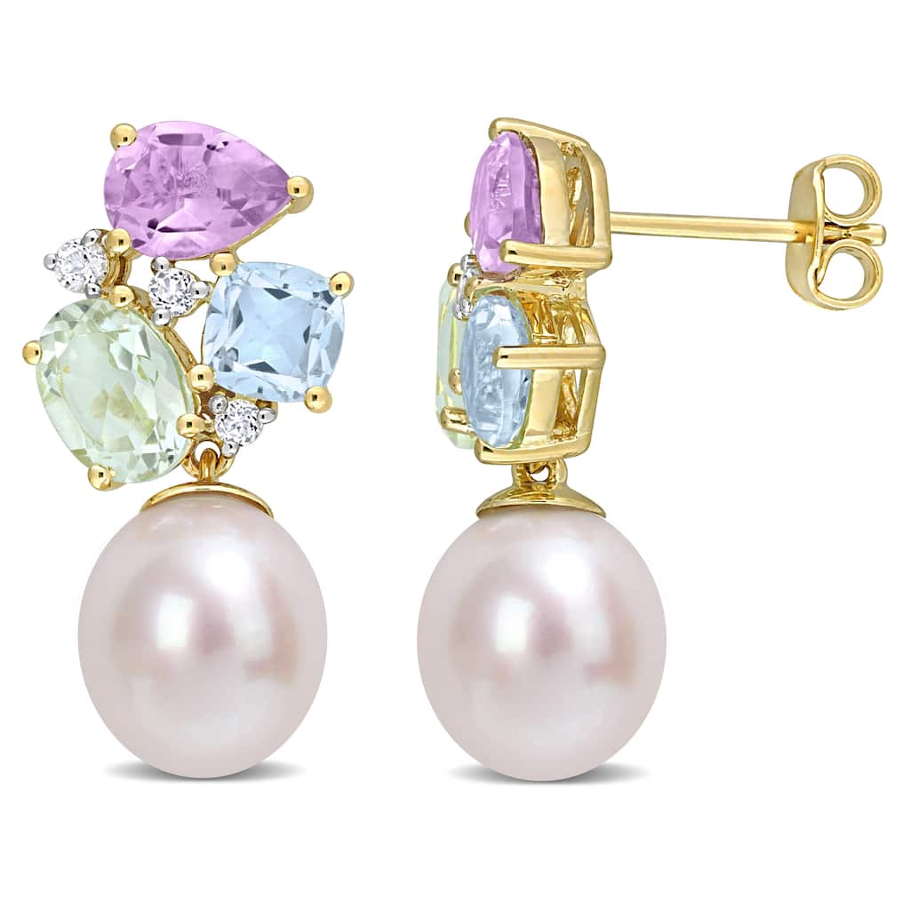 Miadora Cultured FW Pearl and Gemstone Drop Earrings in Yellow Plated Sterling Silver (9-9.5mm)