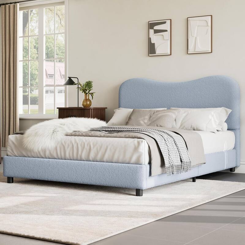 Kids Upholstered Platform Bed, Soft Boucle Fabric with Low Profile Frame & Wood Slats, Boys/Girls Bedroom - Queen - Blue