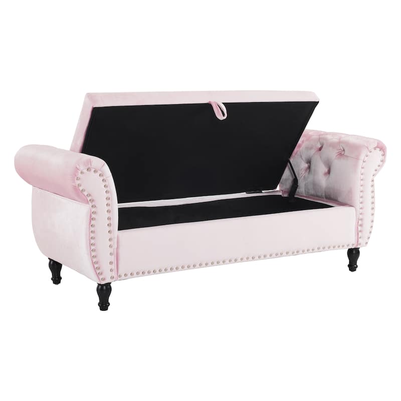 51.25" Velvet Storage Ottoman Bench with Rolled Arms and Wood Legs