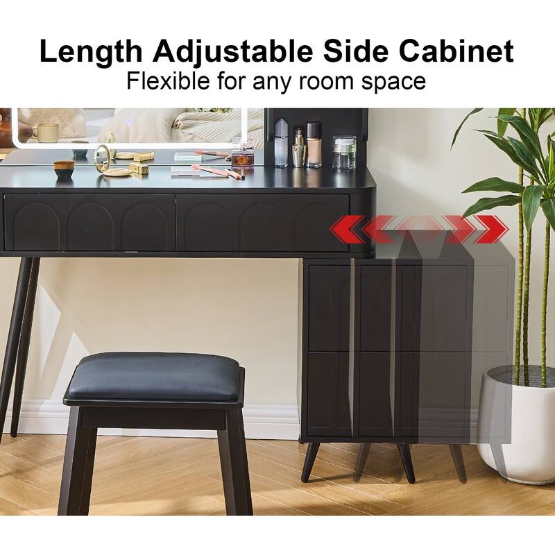 Modern Makeup Vanity Desk with LED Lights & Mirror, Extendable Dressing Table Set with Stool, 4 Drawer & Side Cabinet