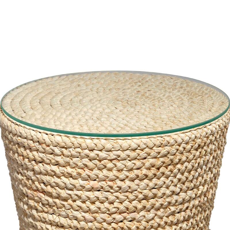 Grix Side Table, 20 Inch Tempered Glass Round Top, Braided Hourglass