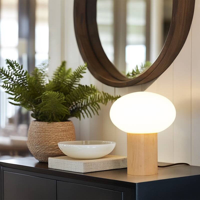 Brightech Ivy LED Glossy Wood Midcentury Round Globe Dimmable Bedside Nightstand Desk Lamp