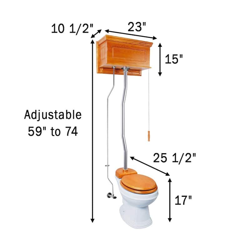 Light Oak Wooden High Tank Toilet Raised Tank, Satin Plated Z Pipe and Round White Bowl