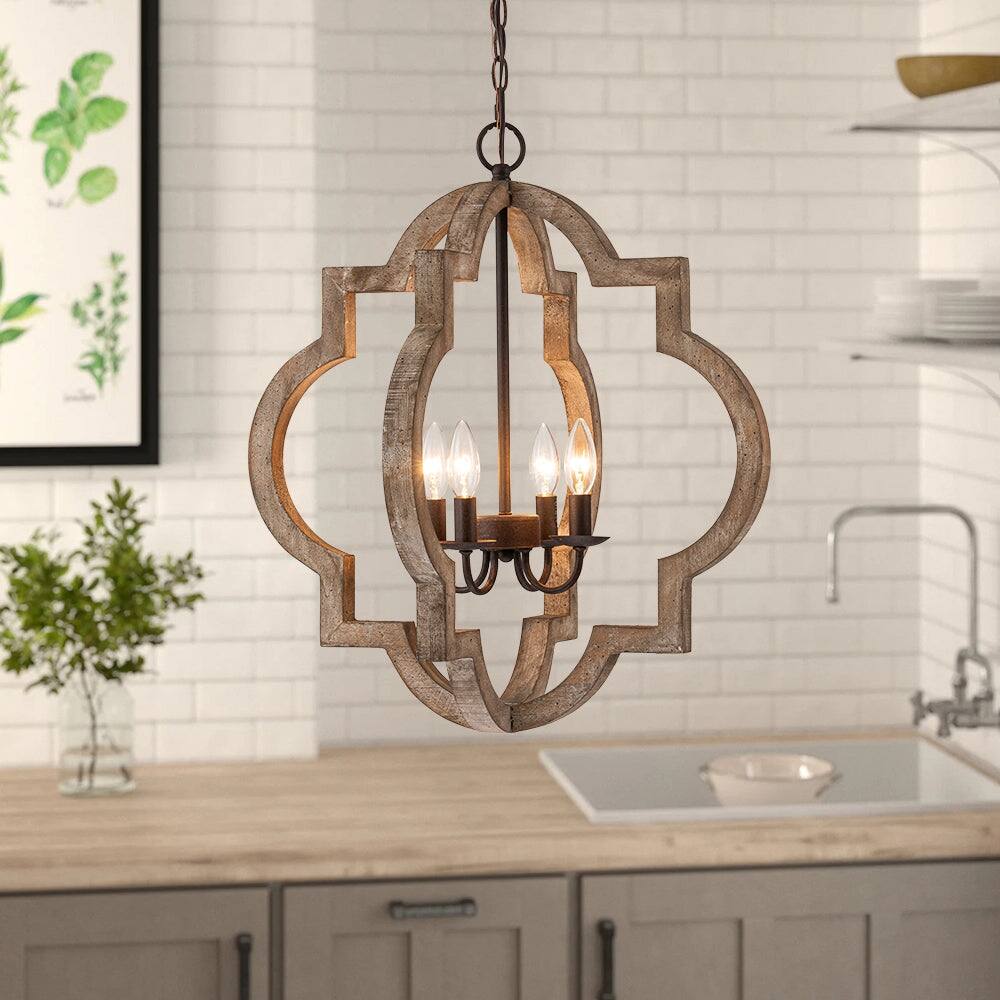 4-Light Rustic Wood Quatrefoil Lantern Pendant Light 22in - Rusty Metal + Distressed Wood