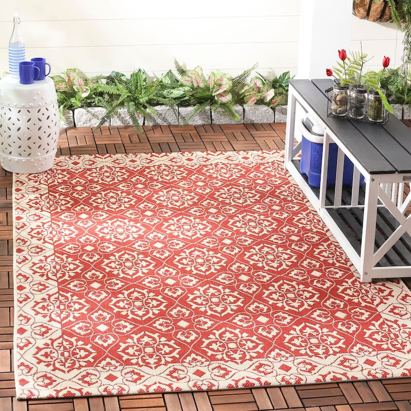 SAFAVIEH Courtyard Nejka Indoor/ Outdoor Waterproof Patio Backyard Rug - 4' x 5'7" - Red/Creme
