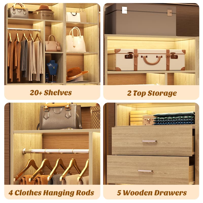 Kyrvo Corner Closet System with 5 Wooden Drawers & 12 Shelves, Freestanding Closet Organizer System for Walk-in/Reach-in Closet