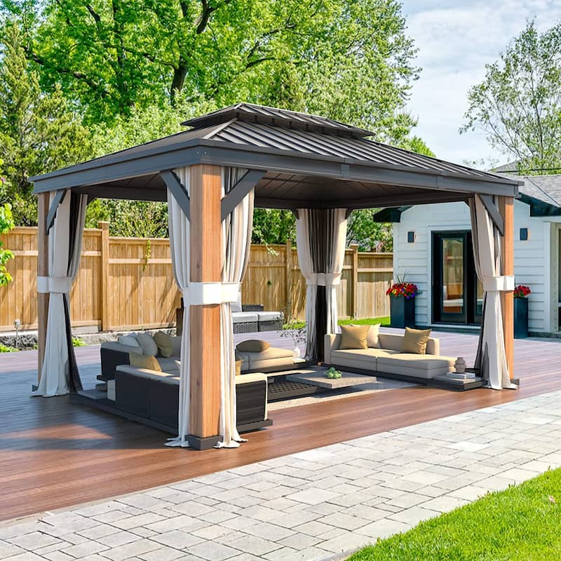 Outdoor Galvanized Steel Roof Gazebo Pergola w Wooden Coated Alumninum Frame, Privacy Curtains and Nettings Include
