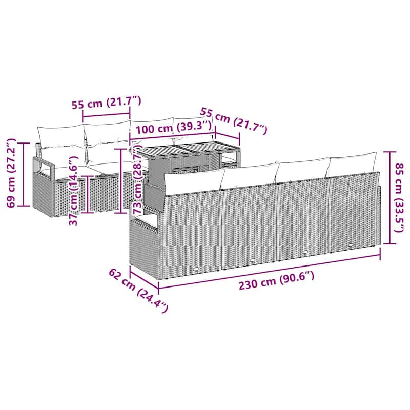 vidaXL 9 Piece Garden Sofa Set with Cushions - 90.6×24.4×27.2