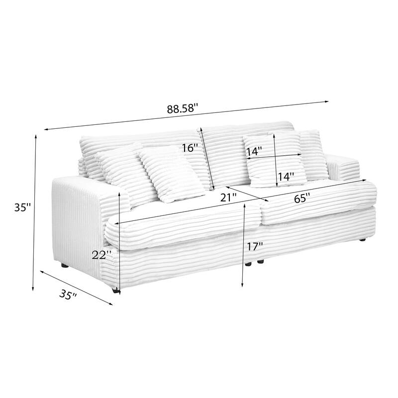 88.58" Corduroy 3 - Seater Sofa, White, Spacious and Comfortable