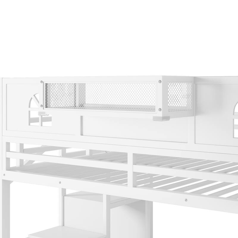 White High Loft Bed Frame with Storage Stairs and Wardrobe, Loft Metal Frame Bed with High House Shaped Guardrails for Kid Teens