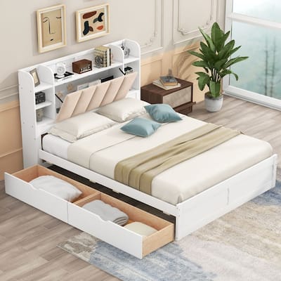 Wood Queen Size Platform Bed with Storage Headboard, Shelves and 2 Drawers