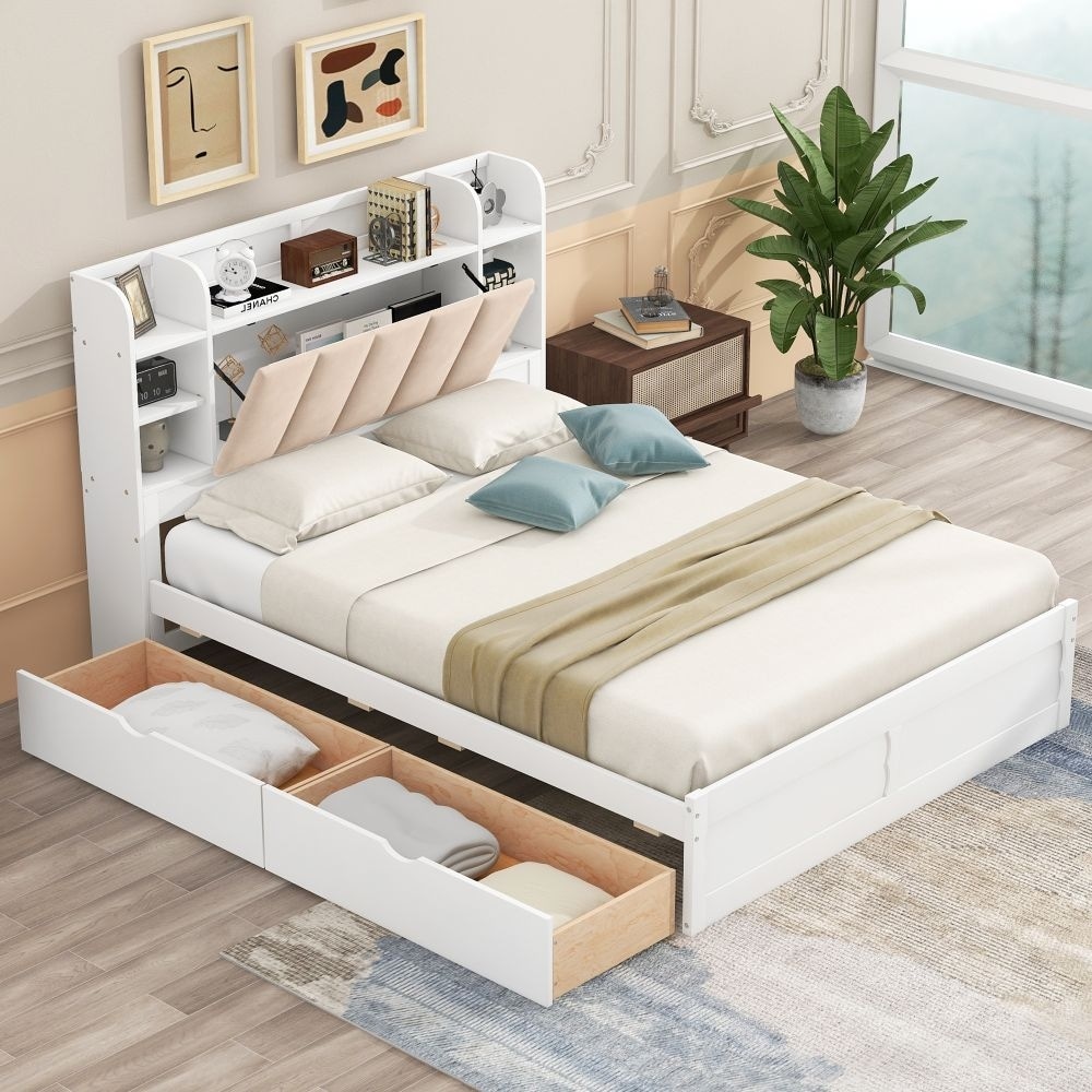 Wood Queen Size Platform Bed with Storage Headboard, Shelves and 2 Drawers