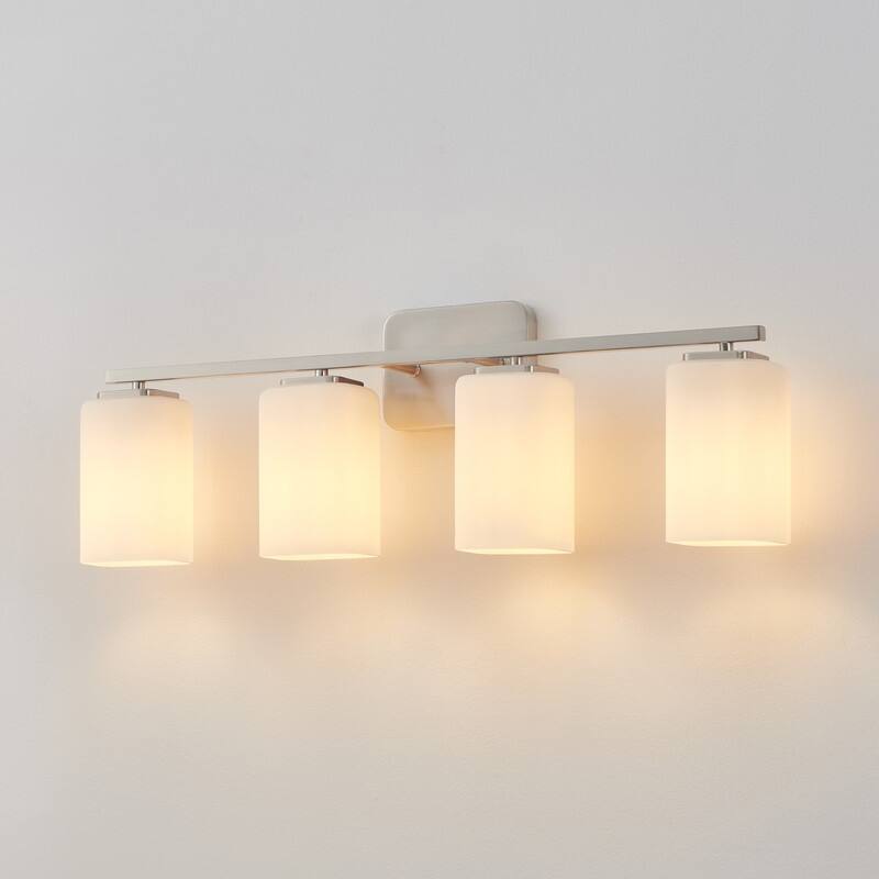 KAWOTI Modern & Contemporary Vanity Light with Frosted Glass Shade - 4-Light(W28.5'') - Brushed Nickel