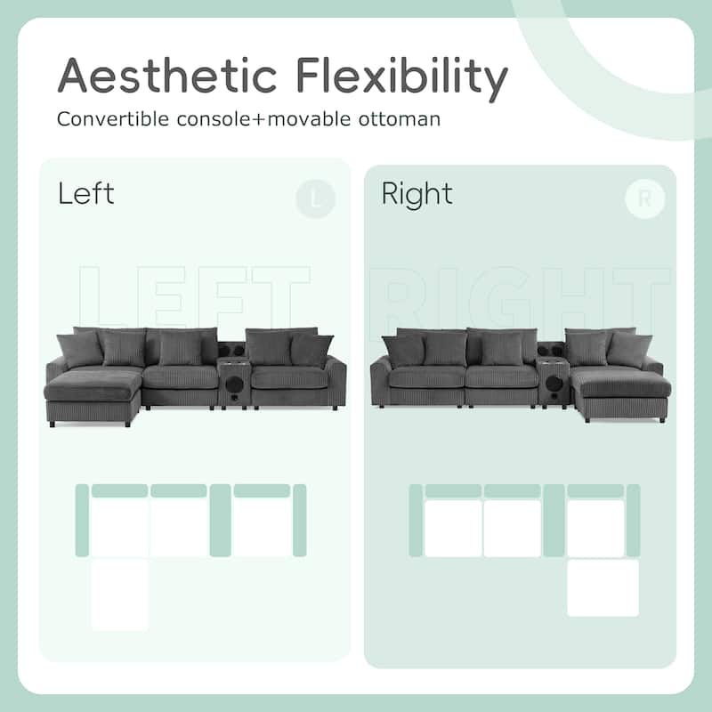 Roomfitters 112" Corduroy Sectional Sofa, L Shaped Couch with Console, Deep Wide Seat, Ottoman, Dark Gray