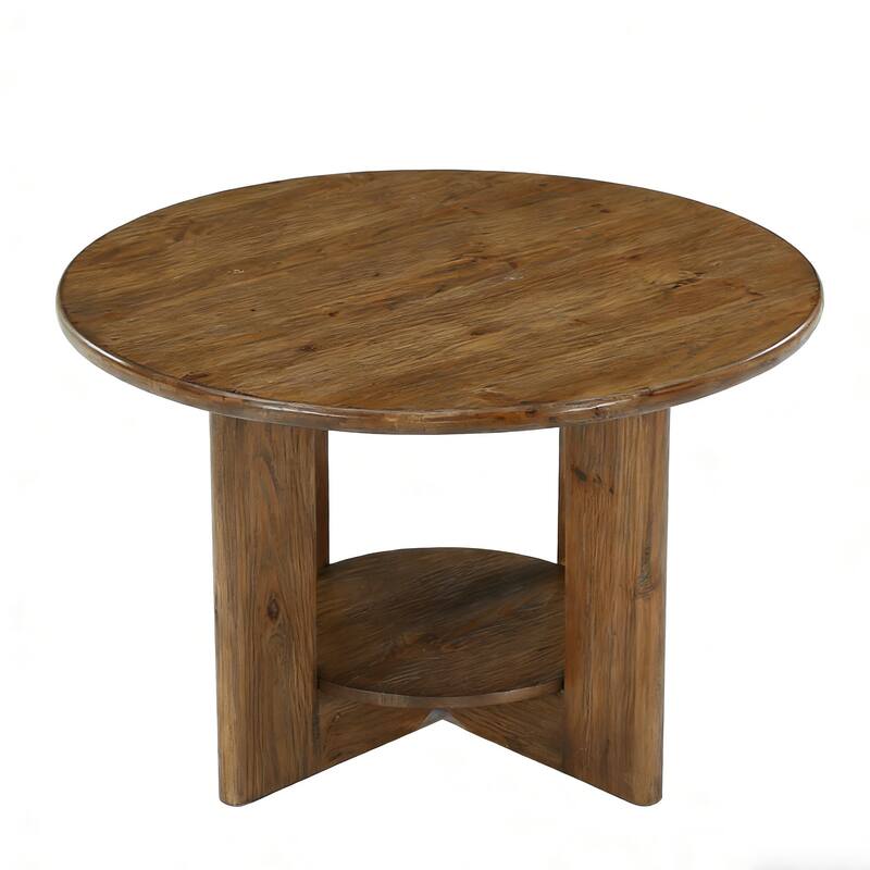 Farmhouse Round Coffee Table with 2-Tier Storage for Living Room