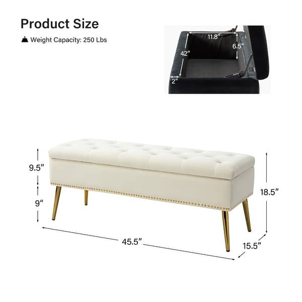 dimension image slide 17 of 19, HULALA HOME Neptunus Modern 45.5" W Velvet Bedroom Storage Bench for End of Bed with Nailhead Trim
