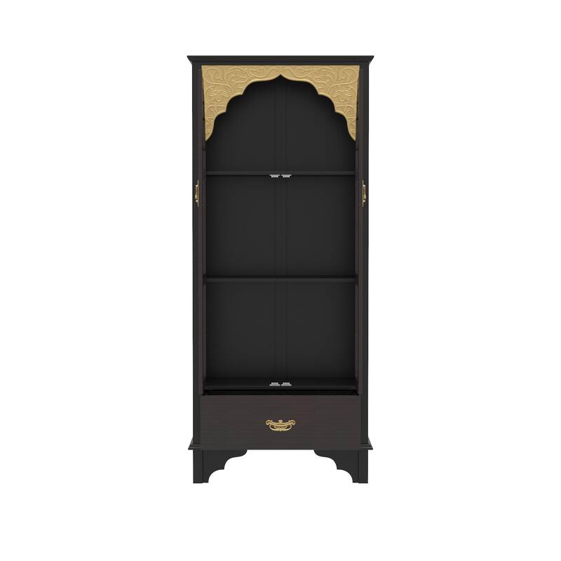 Oak Finish Fir Wood Wooden Curio Cabinet Display Storage Case Bathroom Cabinet Bookcase - 70.9"Hx31.5"W