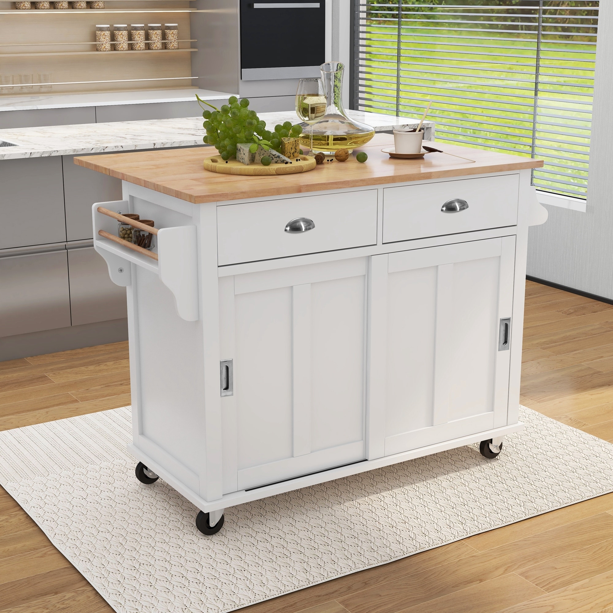 Utility Kitchen Cart, Rolling Kitchen Island with Smooth Rubberwood Top, Narrow Butcher Block Surface on Wheels with Storage Drawer & Cabinet, Gray Wi