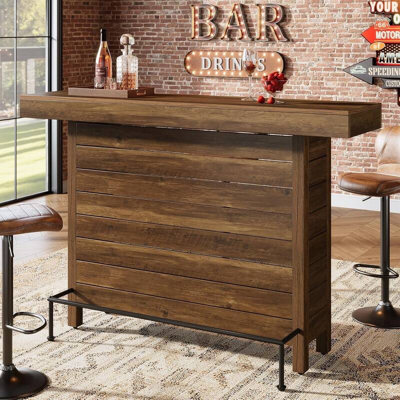 63" Wooden Rectangular Bar Table with Storage Shelves and Metal Footrest, Industrial 3-Tier Counter Height Pub Table - Brown
