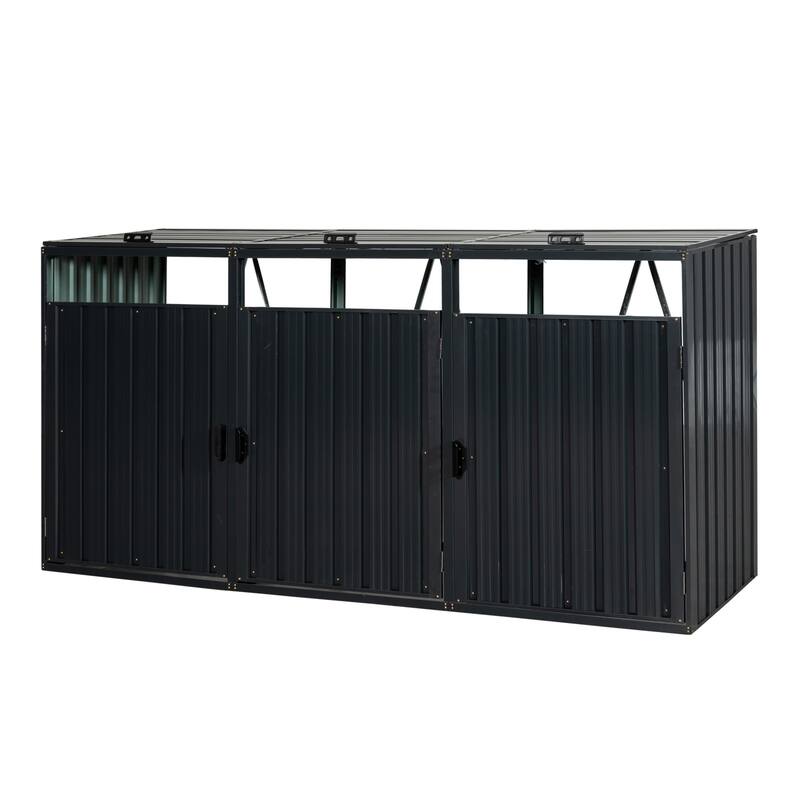 Garbage Bin Shed Stores 3 Trash Cans Metal Outdoor Bin Shed for Garbage Storage,Stainless Galvanized Steel, Bin Shed