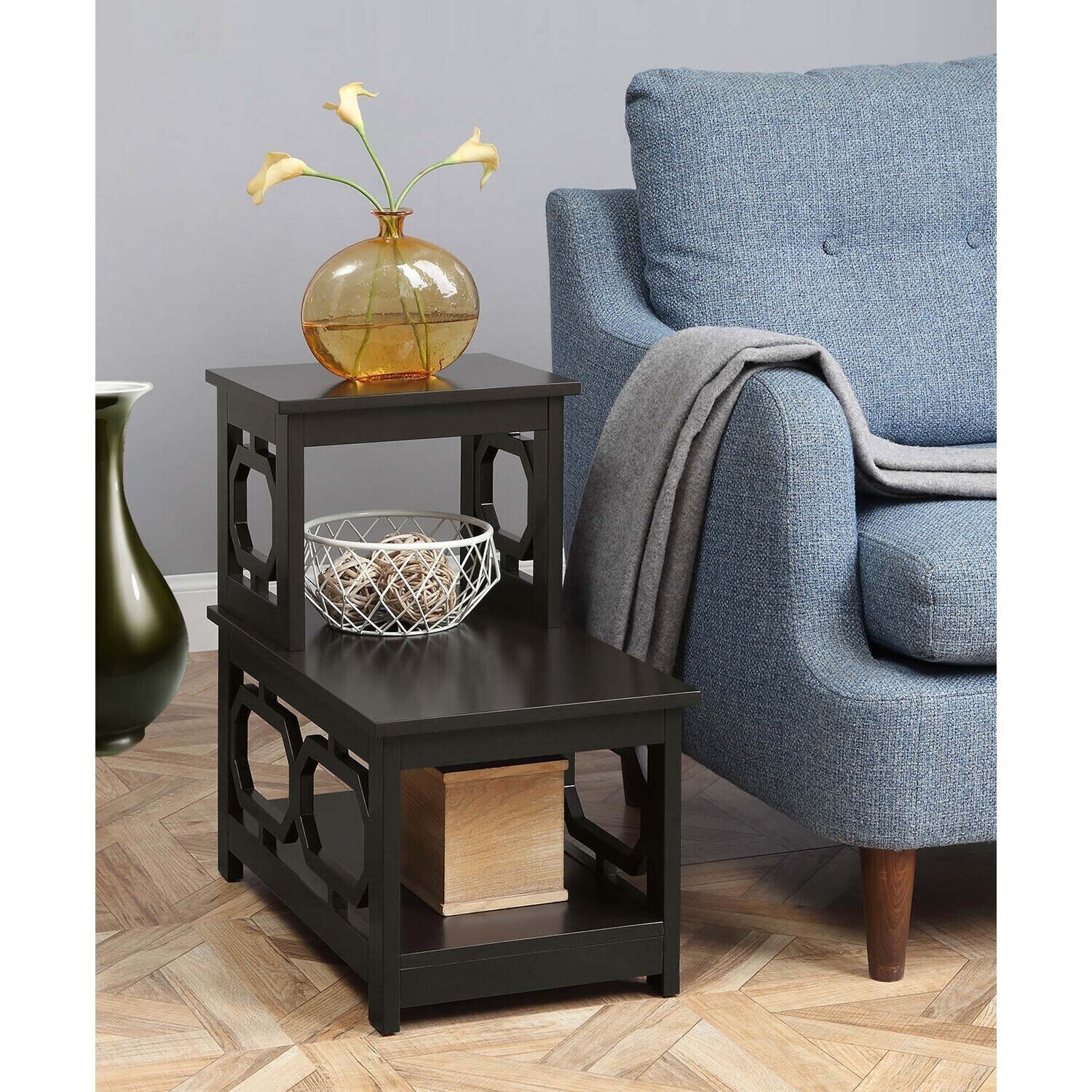End Table with Octagon Side Cutouts and 3 Shelves, Compact Accent