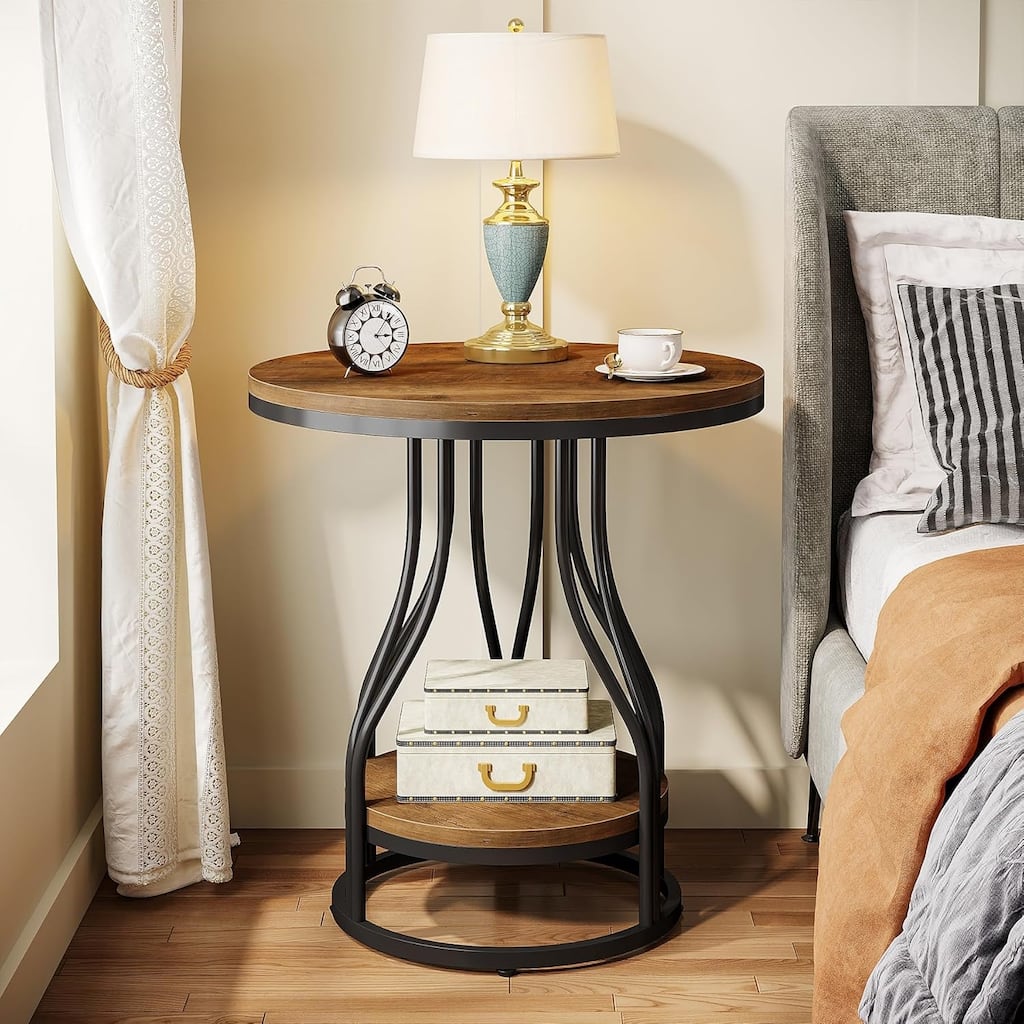 Round Side End Table 2-Tier End Tables Modern Bedside Table Small Chirside Tables with Storage for Couch Side, Nightstand