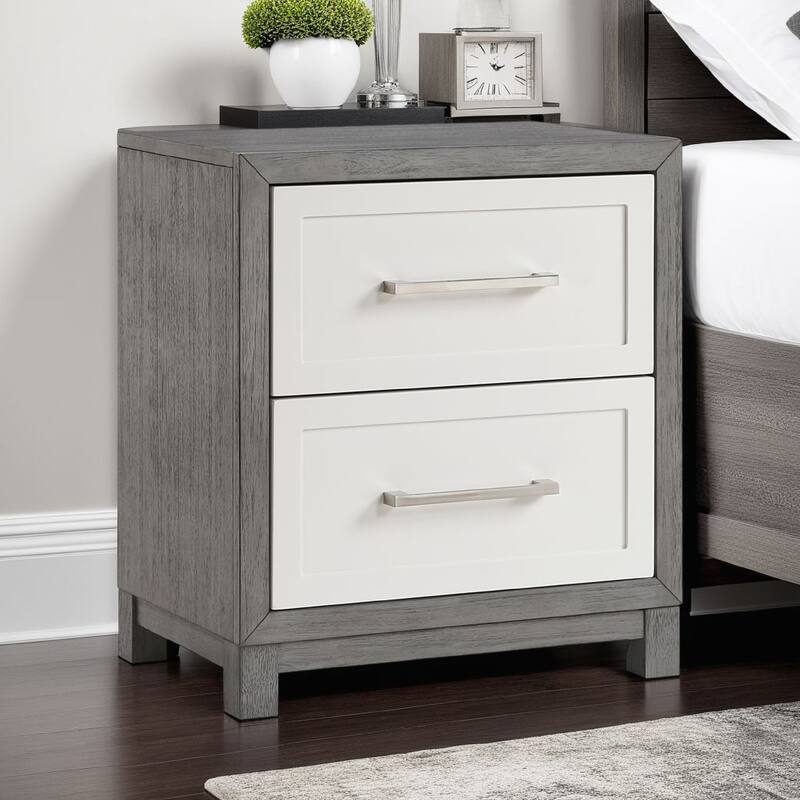 Rowy Nightstand, 2 Drawer Polished Bar Handles, Ivory and Gray Veneer