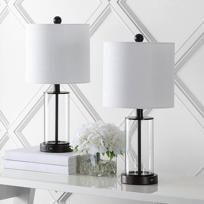 Cabell 21" Glass Modern Contemporary USB Charging LED Table Lamp, Oil Rubbed Bronze (Set of 2) by JONATHAN Y