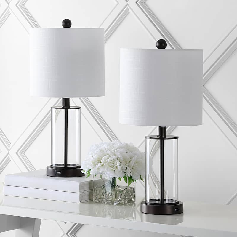 Cabell 21" Glass Modern Contemporary USB Charging LED Table Lamp, Oil Rubbed Bronze (Set of 2) by JONATHAN Y