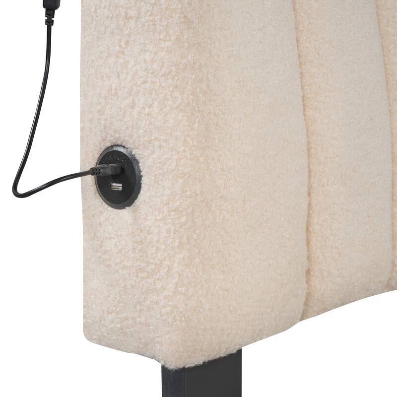 Beige Twin Teddy Fleece Platform Bed with Trundle, USB Ports, and LED Light