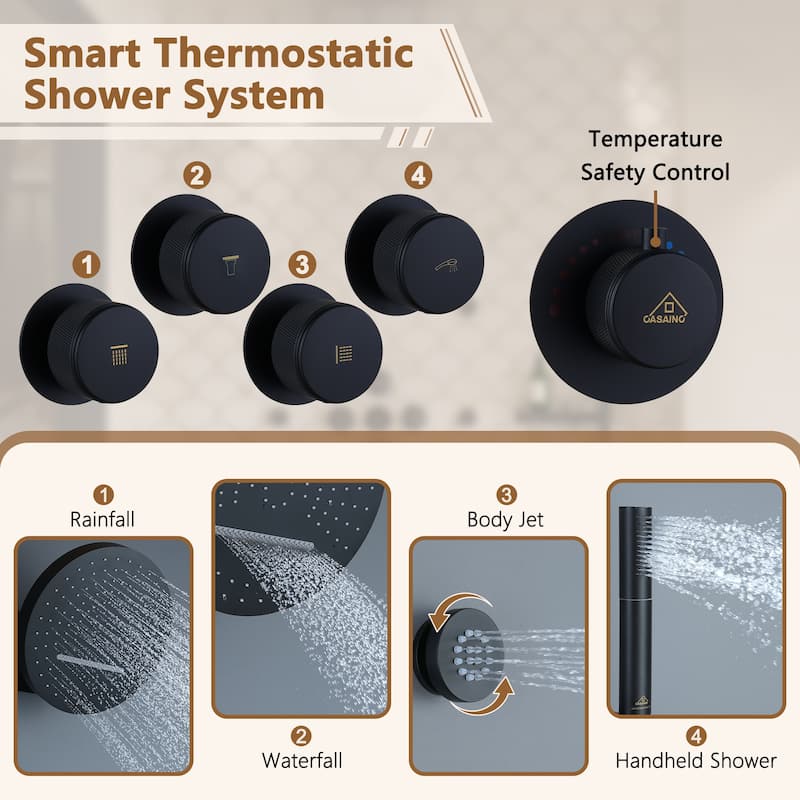 CASAINC Thermostatic 4 Functions 12 inch Rainfall Showerhead with Handheld Spray & 6 Body Jets Set Rain Shower System