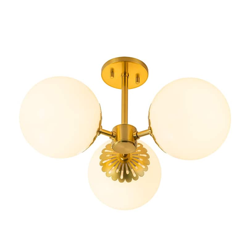 Mid-Century White Glass Globe Brass Sputnik Semi Flush Mount