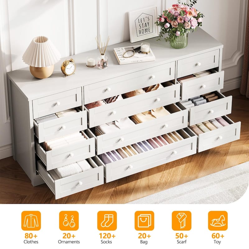 12 Drawer Dresser for Bedroom, Modern Wood Chest with Wide Top for 65" TV, Farmhouse Storage Cabinet