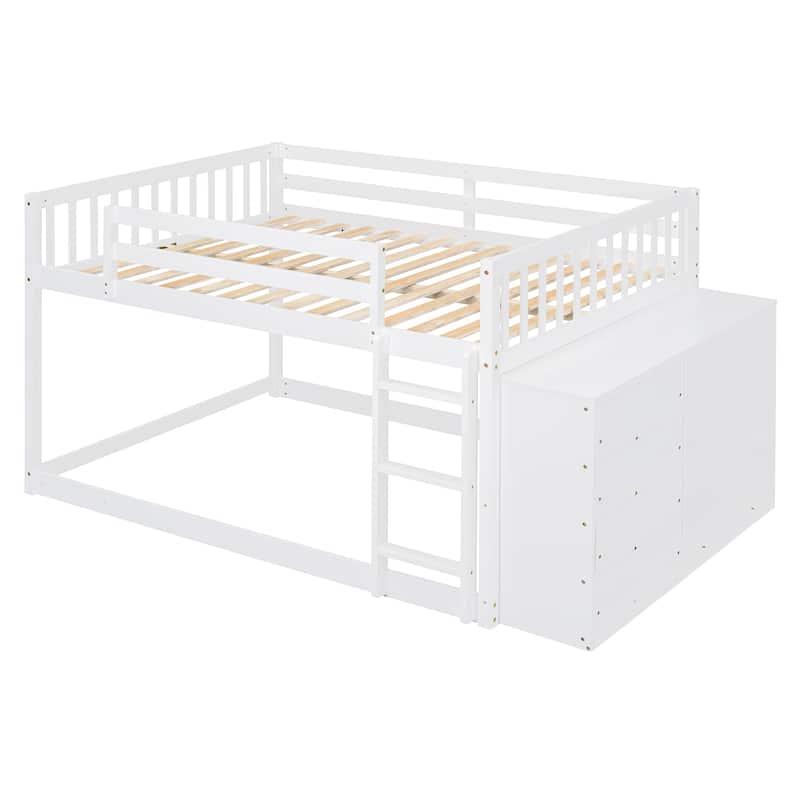 Wood Floor Bunk Bed w/ 4 Drawers, Convertible Side Cabinets & Ladders