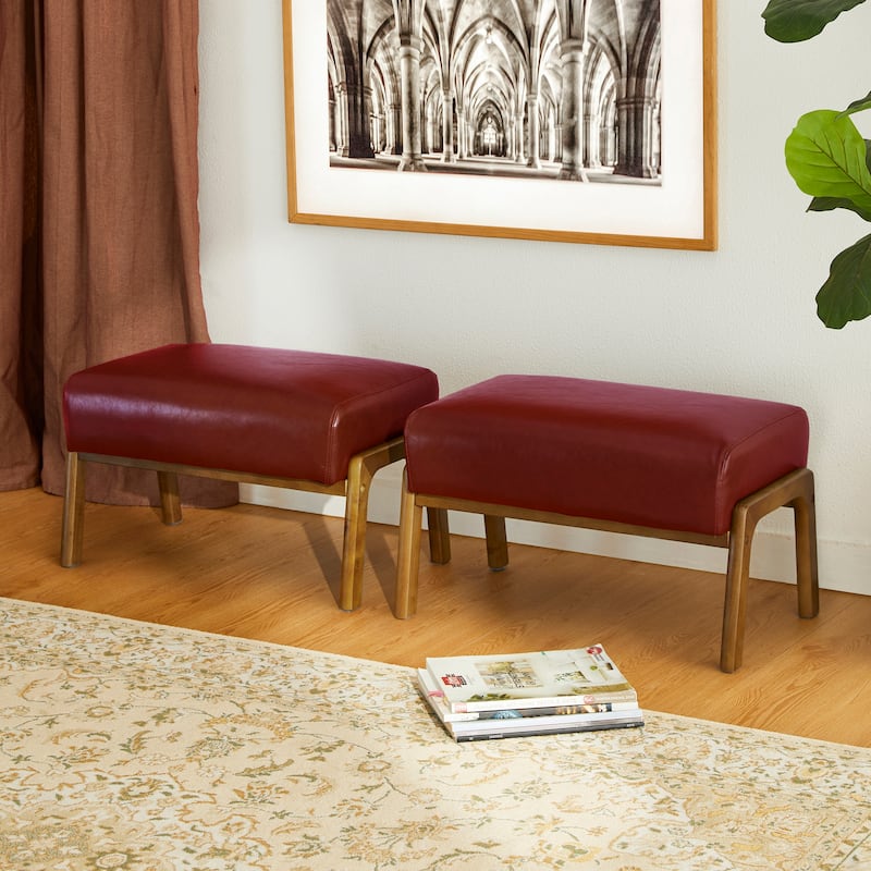 Glitzhome Set of 2 Mid-century Leatherette Ottoman Accent Stools