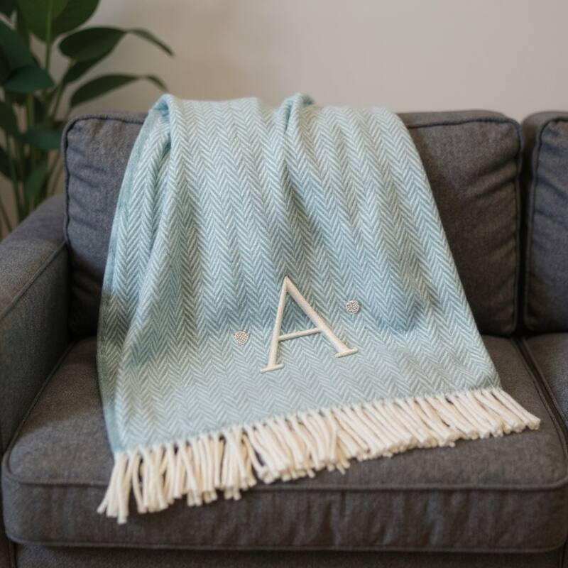 HomeRoots 55" X 70" Sky Blue And White Herringbone Cotton Blend A Initial Throw Blanket with Tassels And Embroidery - Throw - Sky Blue/White