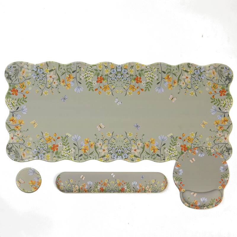 4Pcs Floral Ergonomic Desk Pad Set Flower Mat Desk Decor For Keyboard Laptop Computer