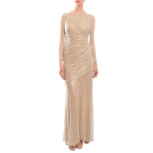 Carmen Marc Valvo Long Sleeve Sequined Mermaid Ruched Evening Gown Dress Nude